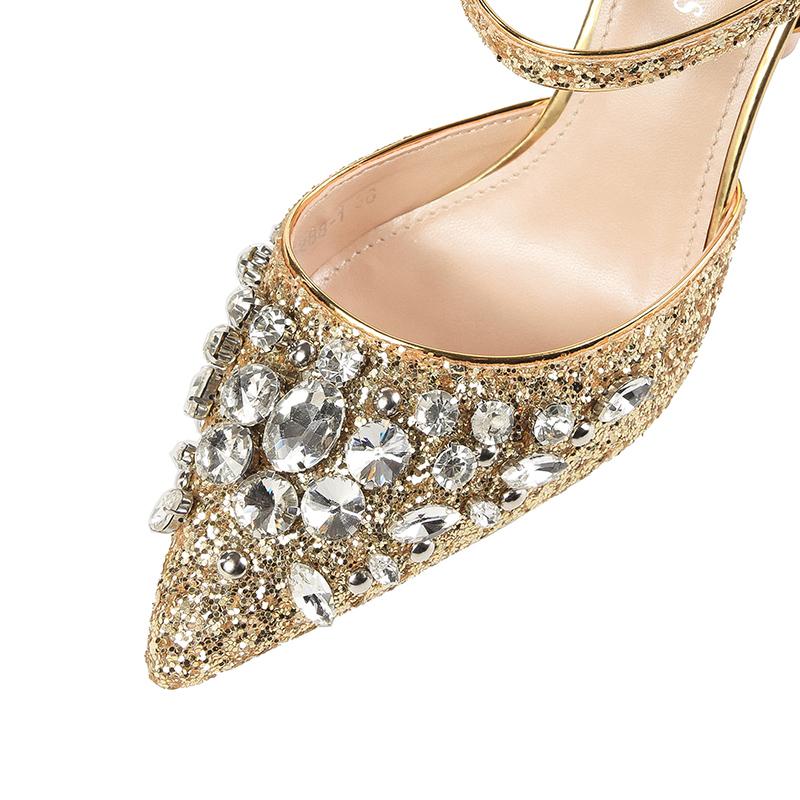 Luxury Women's Sandals Rhinestone High Heels Ladies Pumps Pointed-Toe Sparkling Gold Wedding Shoes Dress Bridal 6-Color Mid-Heel
