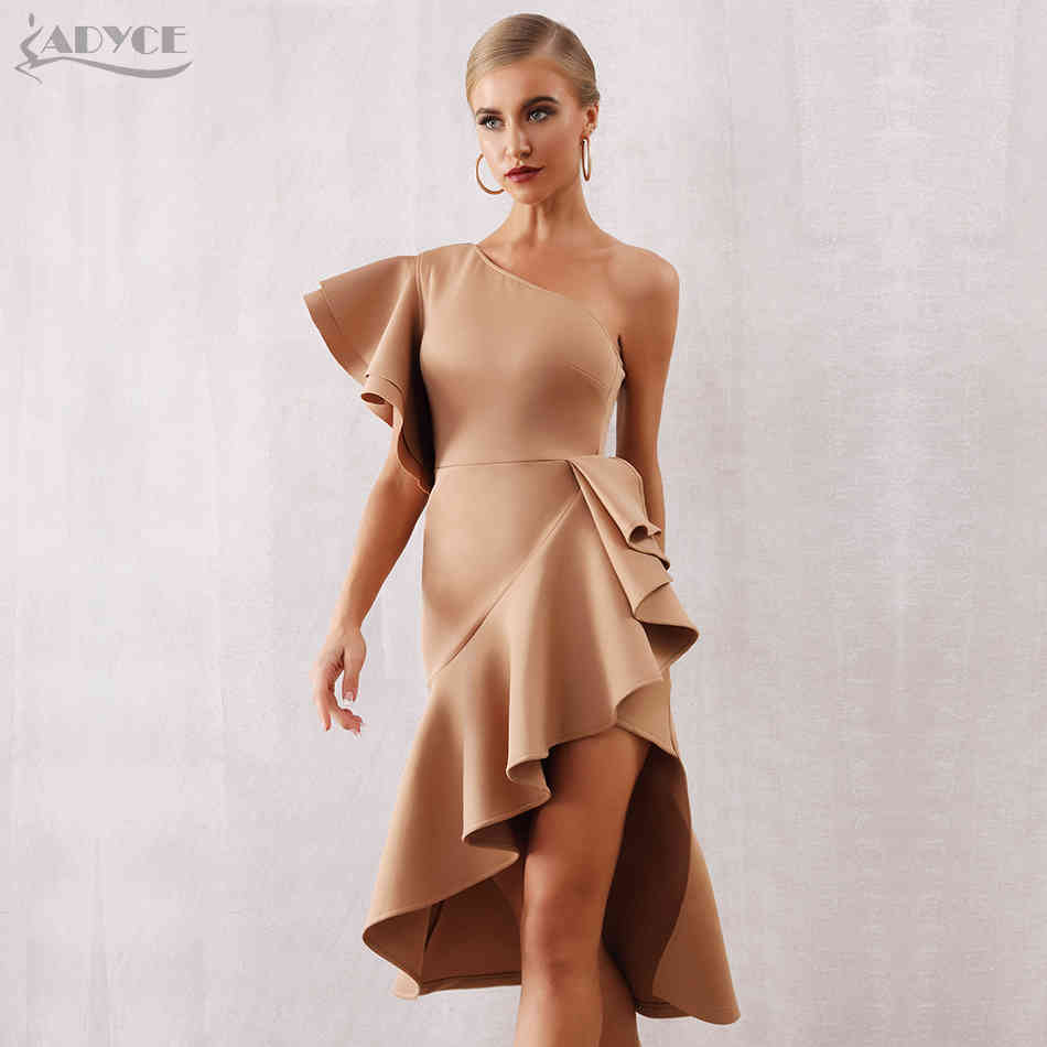 Summer Women One Shoulder Celebrity Party Dress Sexy Khaki Red Ruffles Bodycon Mermaid Club 210423
