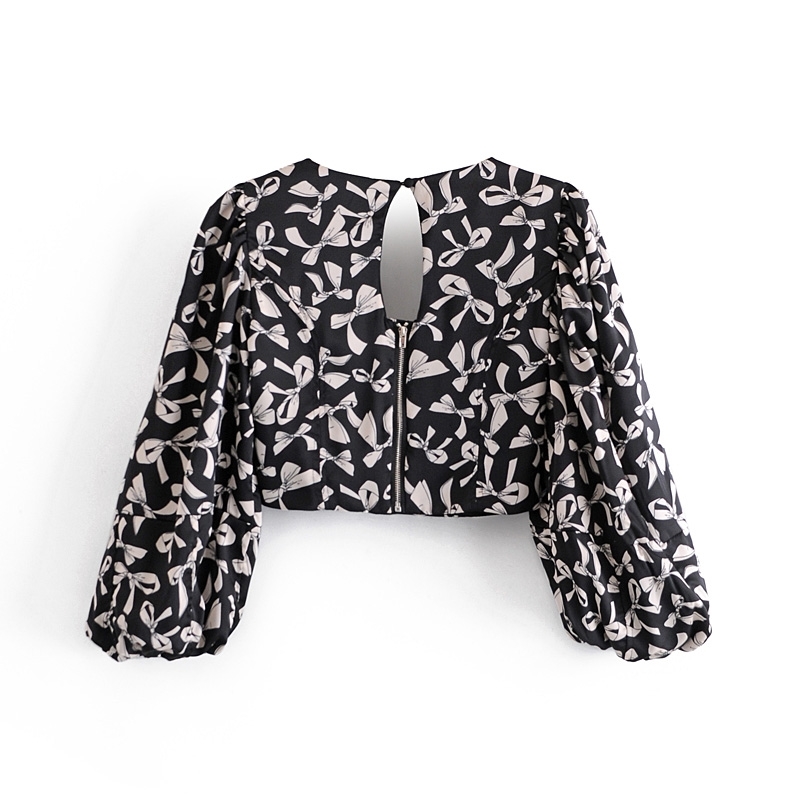 Sexy Back Zipper Square Collar Floral Print Tank Tops Women Summer Long Lantern Sleeve Backless Crop Top Girls Tees 210429