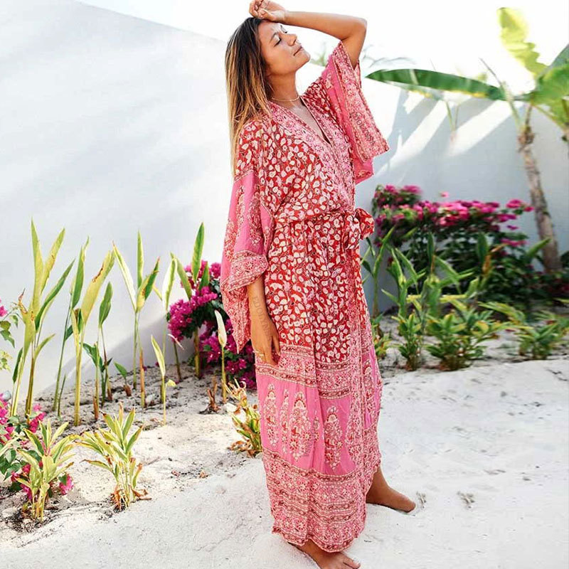 Bohemian Tropical Printed Reddish Orange Ankle Length Beach Wear Kimono Dress Fashion Women Swimwear Chiffon Tunic pareos Q590 210323