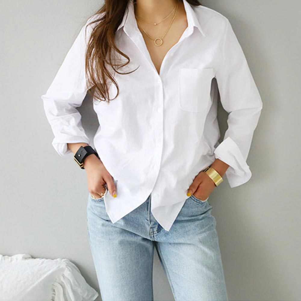 Spring One Pocket Women White Shirt Female Blouse Tops Long Sleeve Casual Turn-down Collar OL Style Loose Blouses 210428