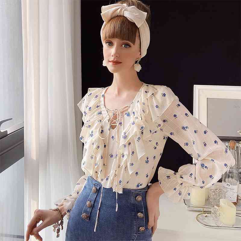 Dabuwawa Casual V-Neck Ruffled Women Blouse Shirt Long Sleeve Print Female Tops Blouse Girlish Style Ladies Blouse DO1AST013 210520