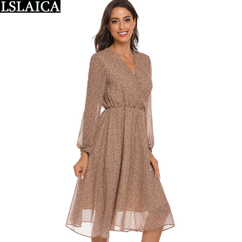 Dress Women Summer Long Sleeve Polka Dot Print Deep V Neck Sexy Female Plus Size Elegance Fashion Casual Party 210515