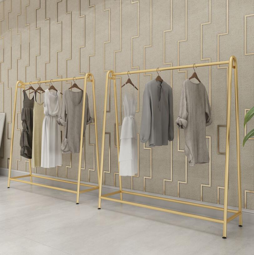 Simple iron clothing rack Commercial Furniture bedroom cloakroom floor hanger clothes shop gold cloth display racks