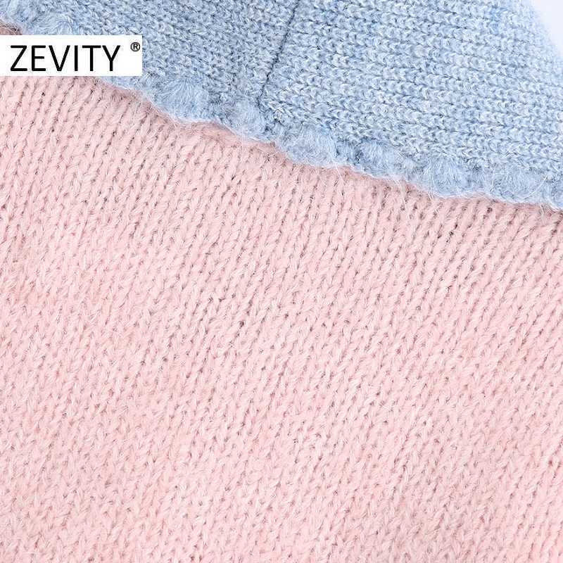 Zevity Women Fashion Color Matching Blue Collar Patchwork Pink Knitting Sweater Femme Chic Diamond Button Cardigan Tops S430 210603