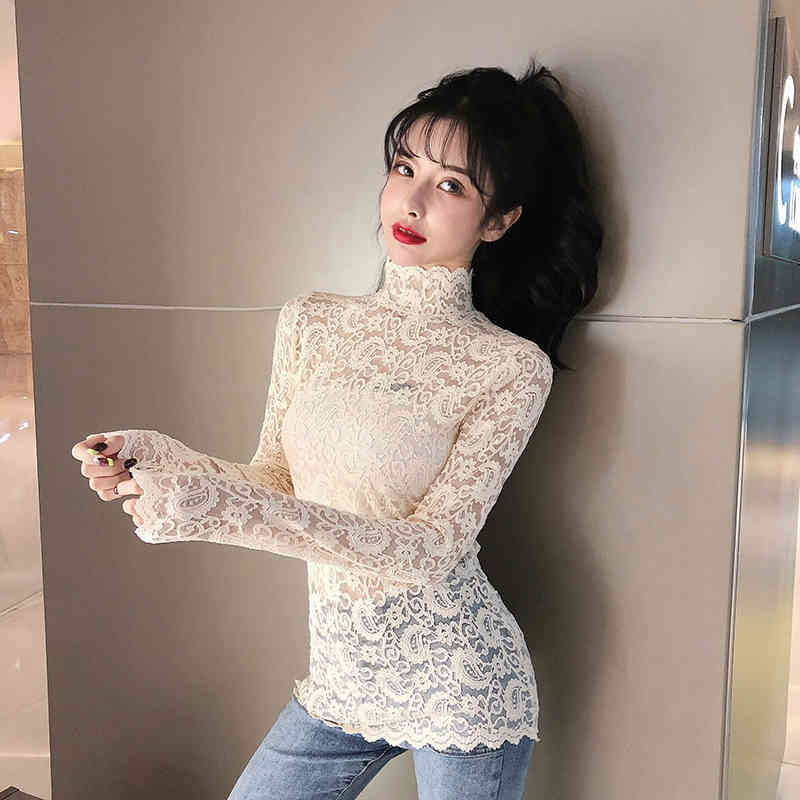 Womens Tops And Blouses Sexy Turtleneck Lace Shirt Women Camisas Mujer Ladies Tops Long Sleeve Black White Blouse Women 210515