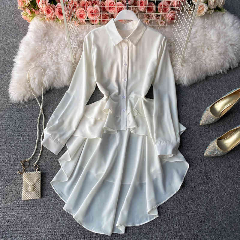 Nomikuma Irregular Ruffle Women Blouse Dress Long Sleeve Turn-down Collar Korean Elegant Vestidos Spring New Dresses 6G336 210427