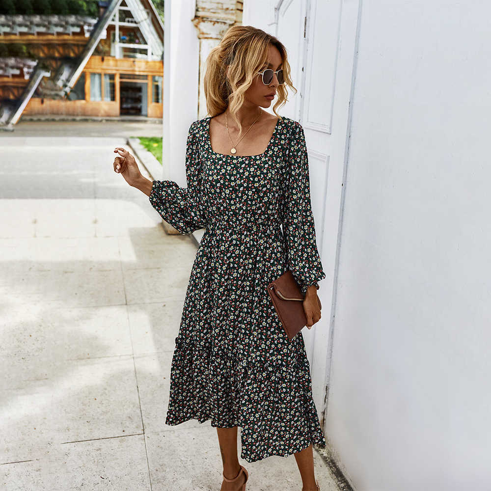 Women Long Dress Autumn Winter Sleeve Elegant Ladies Flower Square Collar Dresses Party Black Clothes For Woman 210623