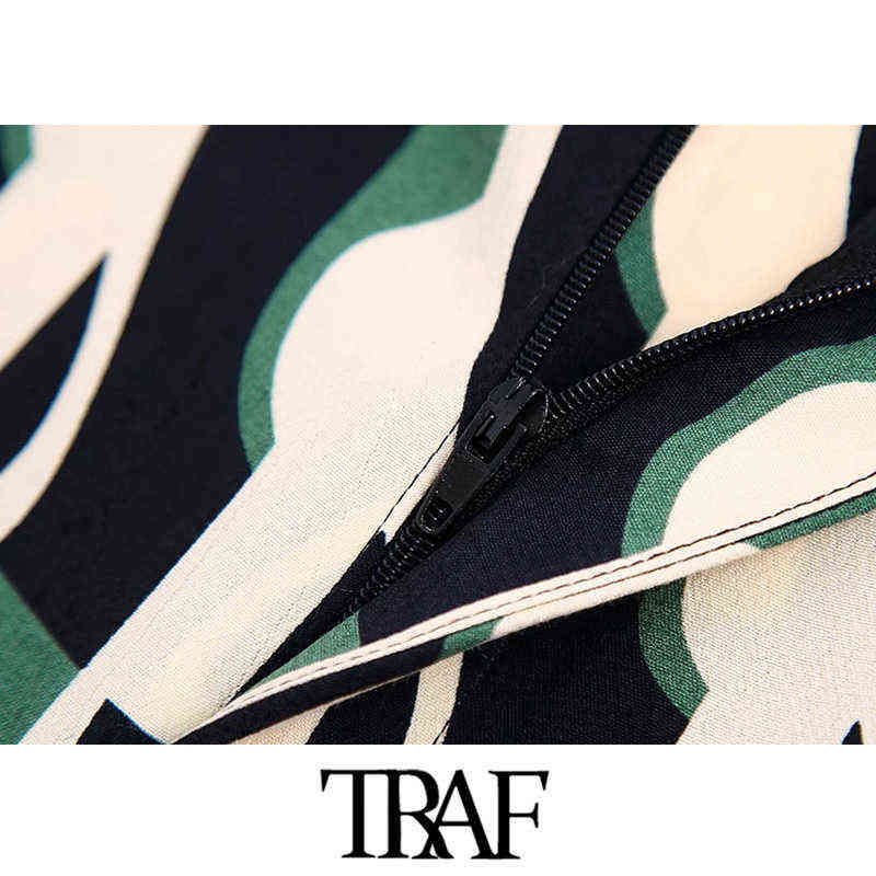 TRAF Women Fashion Side Pockets Printed Flared Pants Vintage High Elastic Waist Zipper Fly Female Trousers Mujer 211124Z