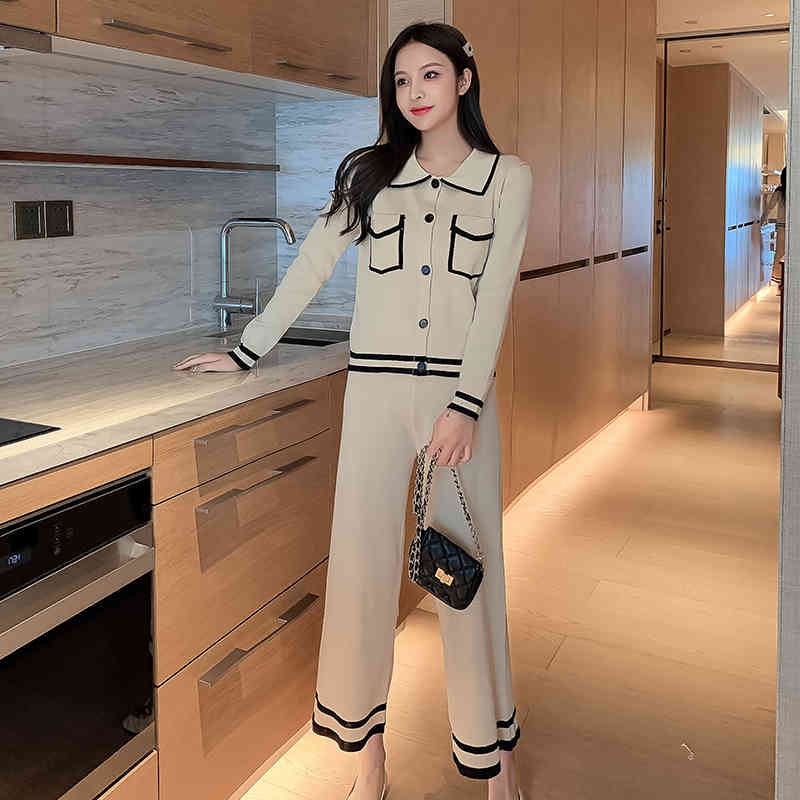 Autumn And Winter Arrival Women Vintage Elegant Sweater + 2pcs Fashion Set Casual Knit Wide Leg Pants Suit 210520