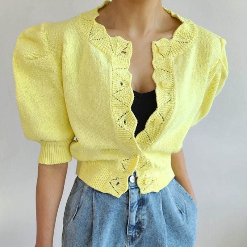 Lucyever Button Up Puff Sleeve Knitted Cardigan Women Summer Casual Streetwear Thin Sweater Woman Short Sleeves Vintage Cardigan 210521