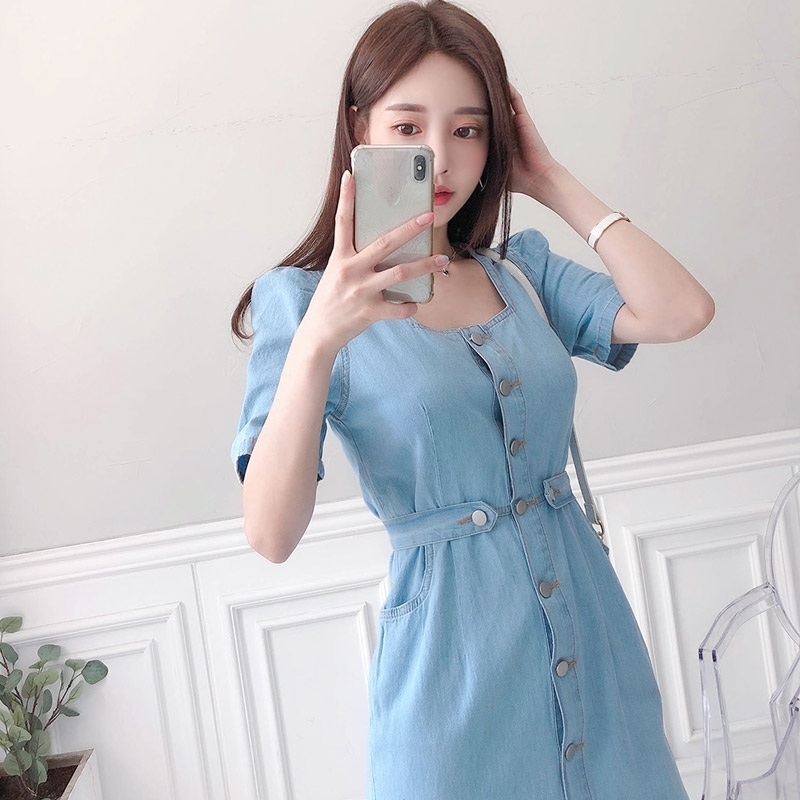 Women's Vintage Mermaid Solid Denim Dress Robe Female Short Sleeves Slim Elegant Single-Breasted Chic Summer Vestidos 210520