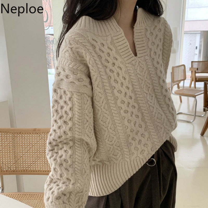 Neploe Korean Chic Woman Sweaters Fall Women Clothes V-neck Heavy Ribbed Knit Pullovers Loose Sweet Puff Slleve Jumper Coat 210422