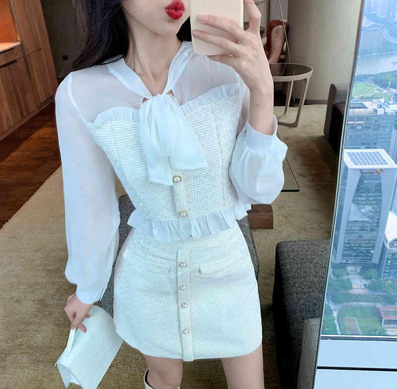 Autumn Elegant Women 2 Piece Sets Sweet Bow Chiffon Patchwork Tweed Shirt Top + Mini Skirt Suit 210518