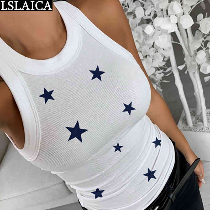 Summer women T-shirt sleeveless solid color Pentagram print casual t shirt knitted slim wild office fashion female 210520