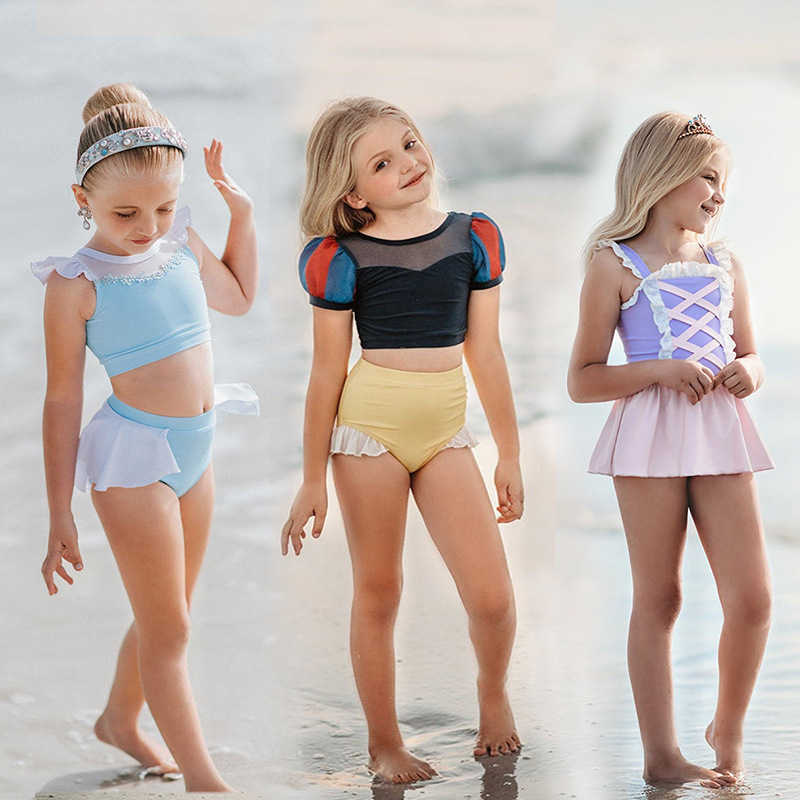 2021 two piece kids girls swimwear cute 90-140CM size swimsuit princess style crop vest tops and shorts mini skirt swim beach clothing set color matching G609WAN от DHgate WW