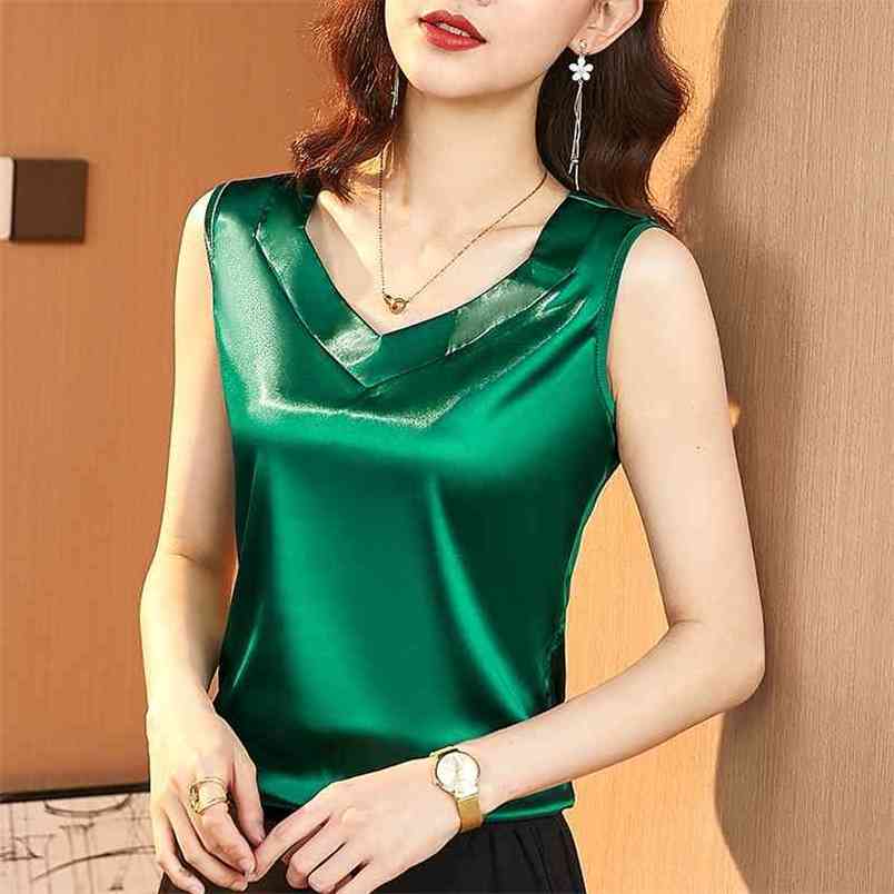 Summer Korean Fashion Silk Tank Top Women Satin Office Lady Solid Plus Size XXXL/5XL Green s for 210531
