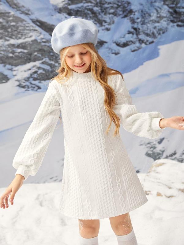 Girls Cable Knit Mock Neck Lantern Sleeve Dress Without Belt SHE