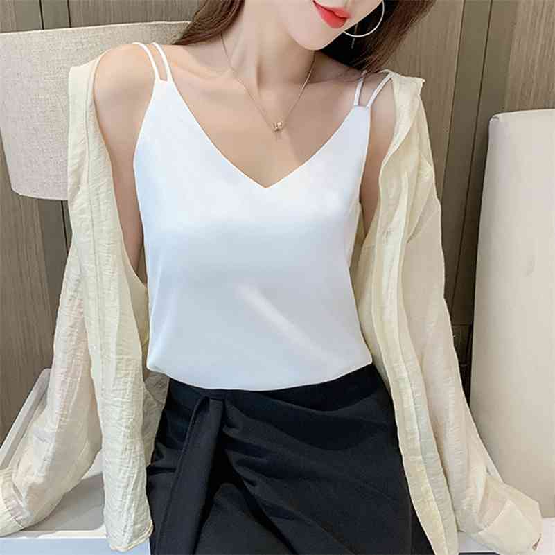 Women Fashion Silk Camis Women Satin Tops Woman Sleeveless Tank Tops Woman Satin V-neck Vest Plus Size Female Top White Clothing 210625