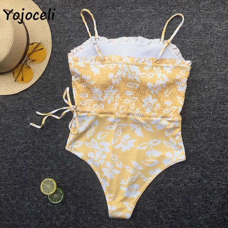 Yojoceli summer spring holiday floral print bodysuit women shirred bodycon boho beachwear bikini 210609