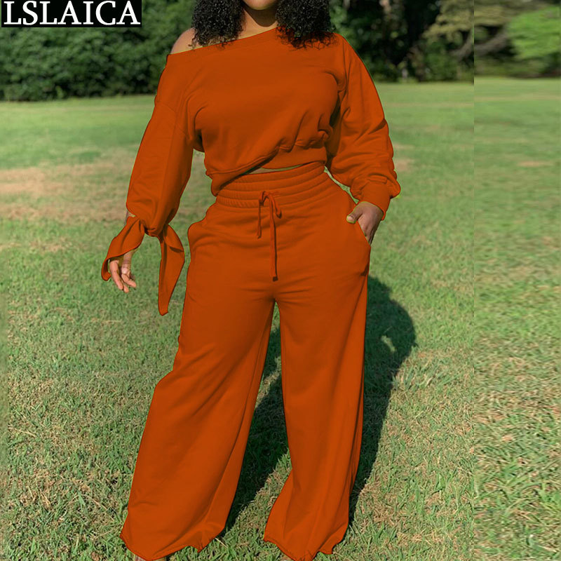 Two-piece Suit Fashion Plus Size Autumn Winter 2 Piece Set Women Outfit Lounge Wear Long Sleeve Crop Top Wide Leg Pants Sets 210520