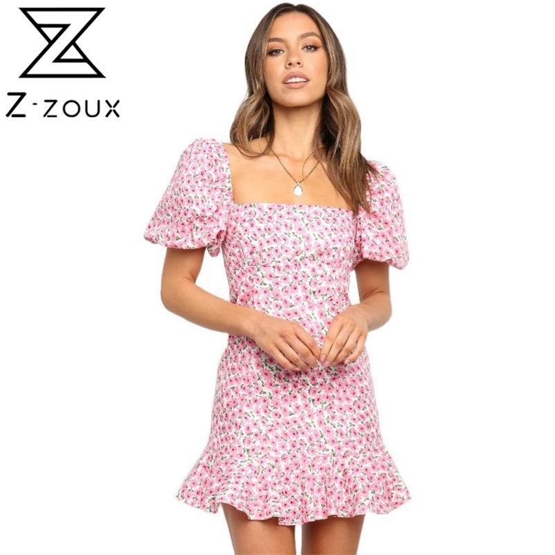 Women Dress Printed Bohemian es Square Collar Short Sleeve Summer Ruffles High Waist Slim Plus Size es 210513