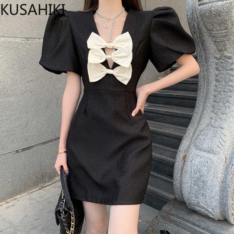 KUSAHIKI Elegant V-neck Puff Sleeve Dresses Korean Sweet Bowknot Women Dress Summer Slim Waist Vestidos De Mujer 6H294 210602, Black
KUSAHIKI Elegant V-neck Puff Sleeve Dresses Korean Sweet Bowknot Women Dress Summer Slim Waist Vestidos De Mujer 6H294 210602, Black