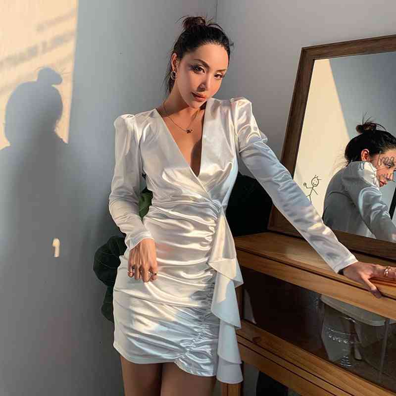 Spring Full Sleeve V Neck Women Mini Dress Elegant Bandage Solid Color Elasticity silk Sexy es Empire Party 210521
