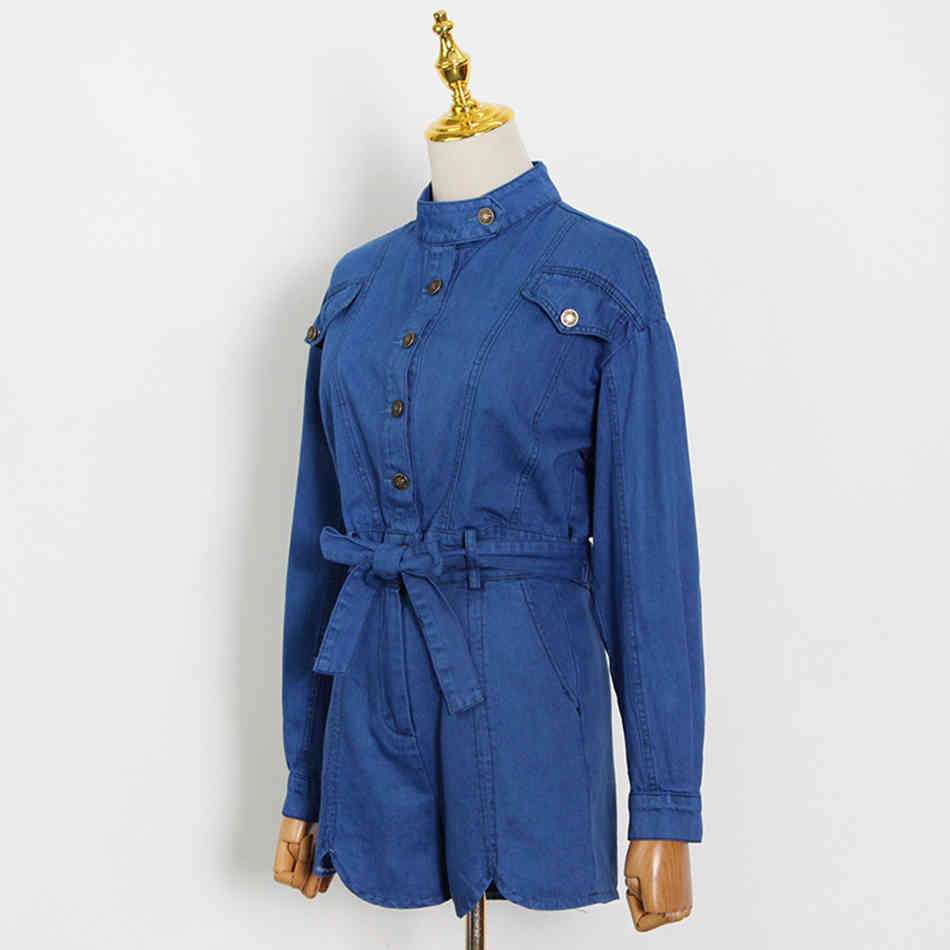 Fashion Women's Suit Top High Waist Denim Shorts Ladies 2 Piece Set Casual Button Blue 210525