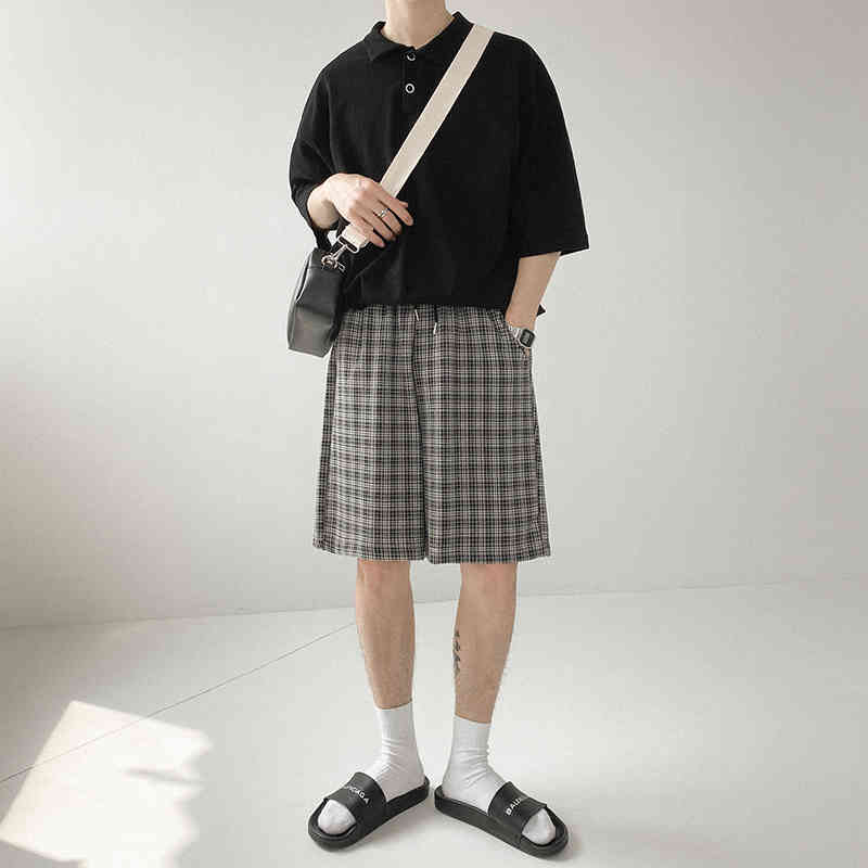 IEFB Vintage Black Plaid Shorts Men's Loose Drawstring Elastic Waist Wide Leg Casual Knee Length Pants Summer 9Y6982 210524