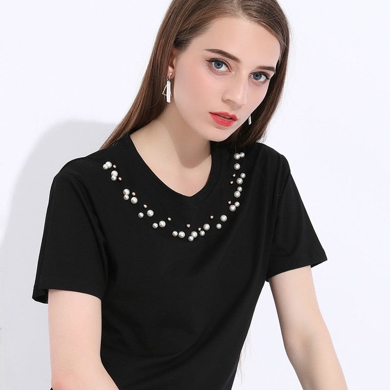 Basic Beaded T Shirt Women Summer Short Sleeve Solid Pearls Beading Tee Femme Loose T-s Camisetas Mujer 210603, Pink
Basic Beaded T Shirt Women Summer Short Sleeve Solid Pearls Beading Tee Femme Loose T-s Camisetas Mujer 210603, Pink