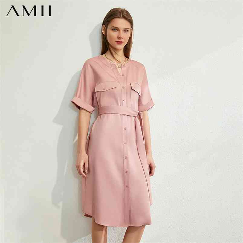 Summer Women Elegant Dresses Office Lady Round Neck Half Sleeve Single-breasted with Belt Female Dress 12040165 210527