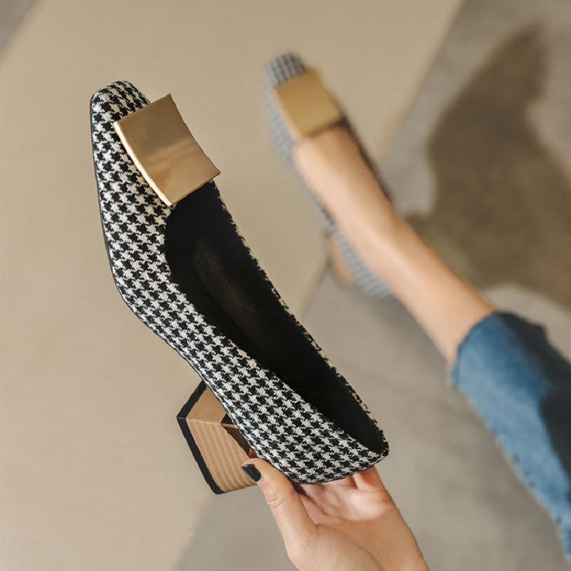 Top Quality GOOD Women Classic High Quality Round Toe Office Square Heel Pumps Lady Casual Black Plaid Summer High Heel Shoes C6308