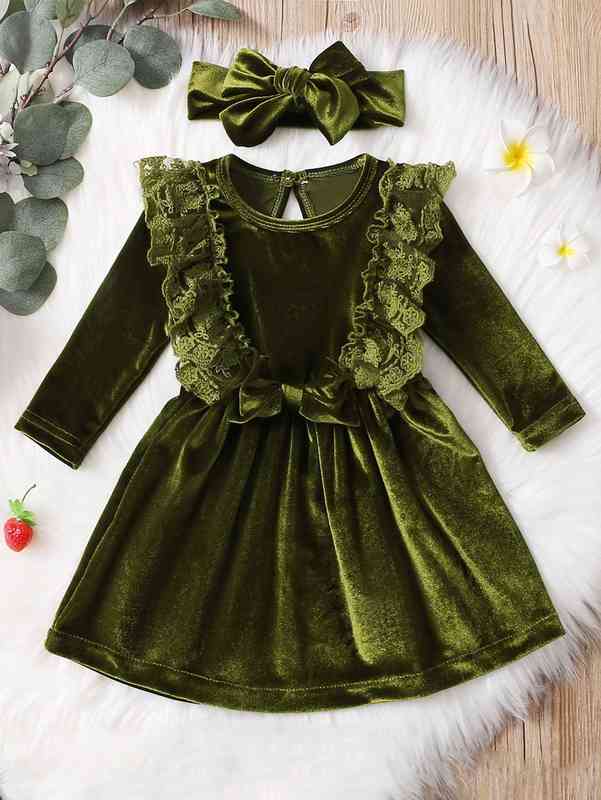 Baby Lace Ruffle Trim Bow Front Velvet Dress With Headband SHE
