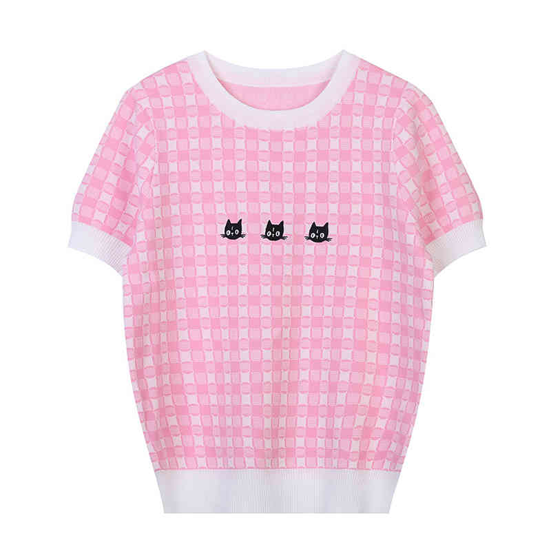 Summer E-girl T-Shirt Women Harajuku Tops Tee Cute Cat Embroidery Short Sleeve Female Knitted Tshirts B-070 210522