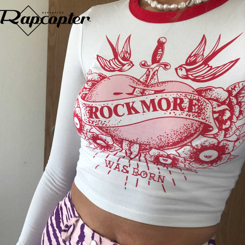 Rapcopter Grunge Crop Top Y2K Aesthetic Long Sleeve T Shirt O Neck Pullovers Retro Cute Tshirt Women Autumn Winter Harajuku Top 210819