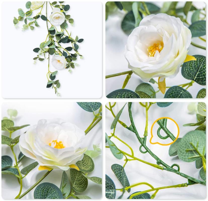 Decorative Flowers & Wreaths Fake Flower Eucalyptus Garland With Camellias Artificial Silk Rose Vine Decor Hanging Faux Leave Floral For Wed