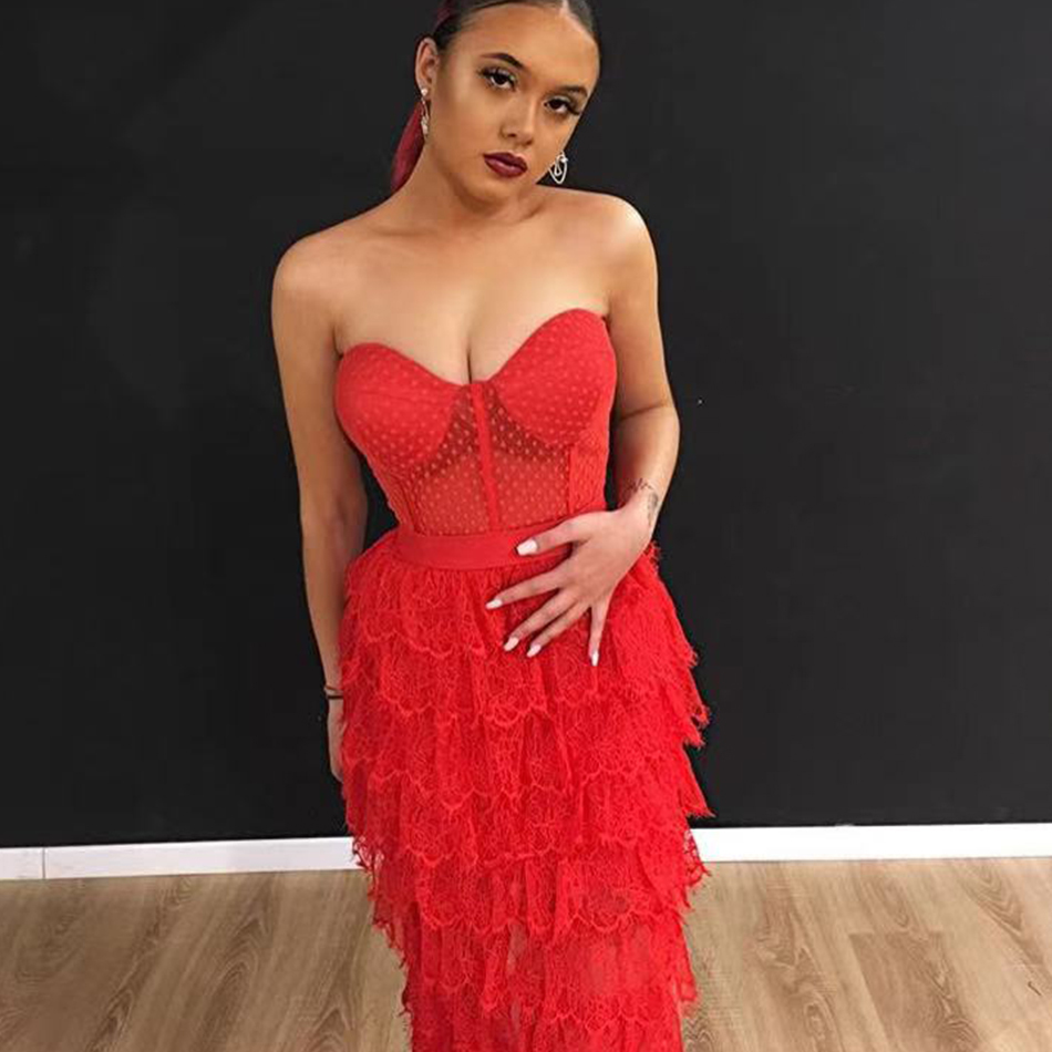 Club Maxi Summer Dress For Women Sexy Sleeveless Red Lace Strapless Celebrity Evening Runway Party Outfit Dresses 210423