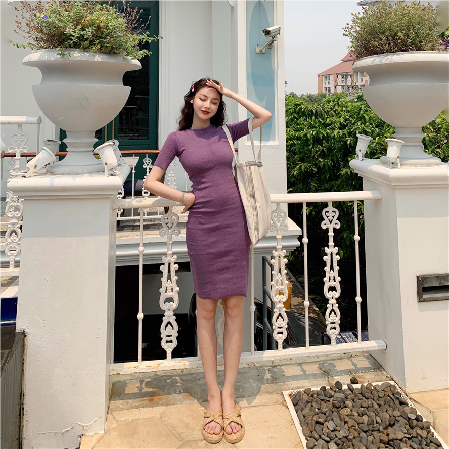 Summer Retro Pink High Elastic Wrap Hip Tight O Neck Short Sleeve Dress Women Mini Slim Waist All-match Basic Vestido Black 210429
