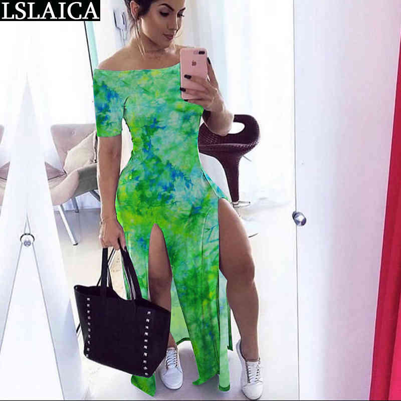 Women dress short sleeve Slash neck Tie-dye print loose casual long hem split elegant wild evening party club female 210515