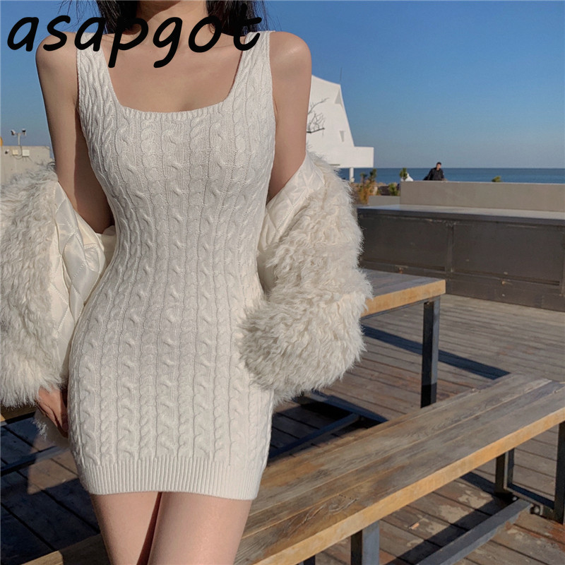 Dresses Slim Wrap Hip High Waist White Knitted Tank Dress Women Mini Bottom Tight Black Sweater Sexy Fashion Vestido De Mujer 210429