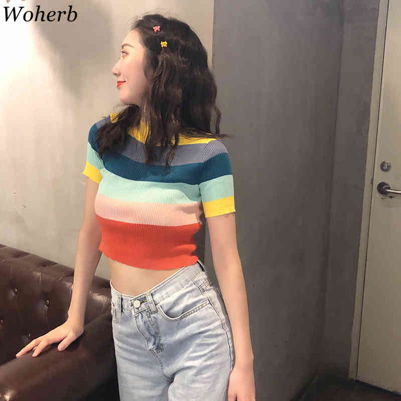 Summer Knitted Basic Solid T-shirt Women Casual Rainbow Striped Short Sleeve Tee-Shirts Female Tops Korean Chic Fashion 210519