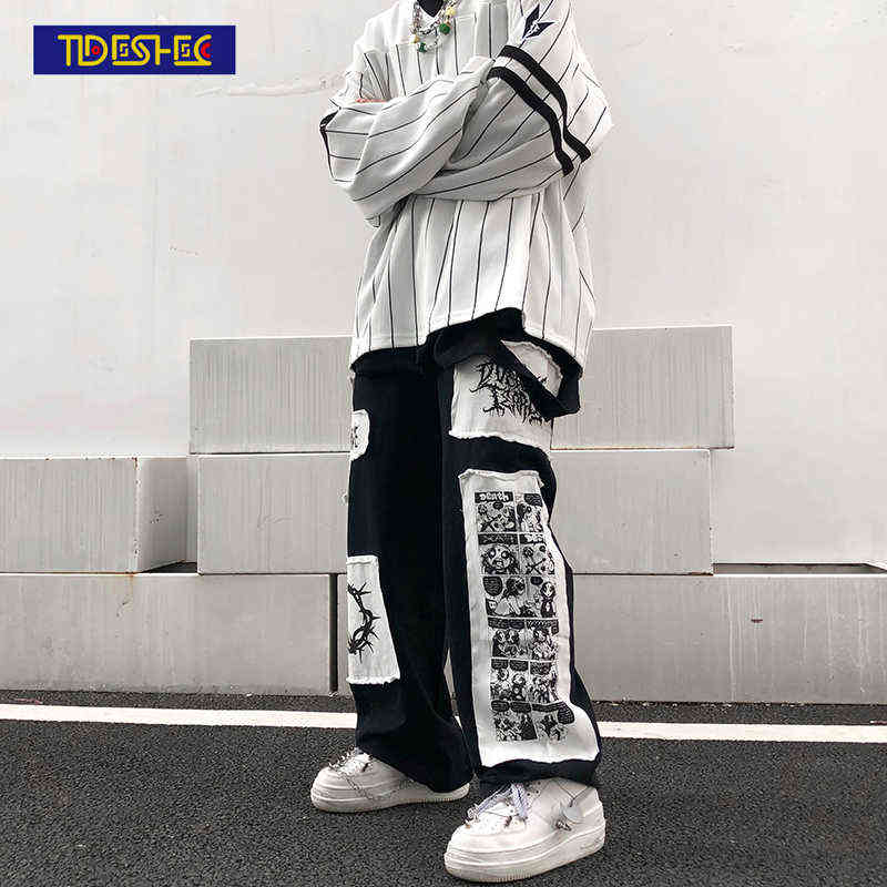 Tideshec Manga Patch Pants Men's Ins Harajuku Trousers Casual Loose Straight Wide Leg Black Stitching Patch Anime Printed Jeans 211120