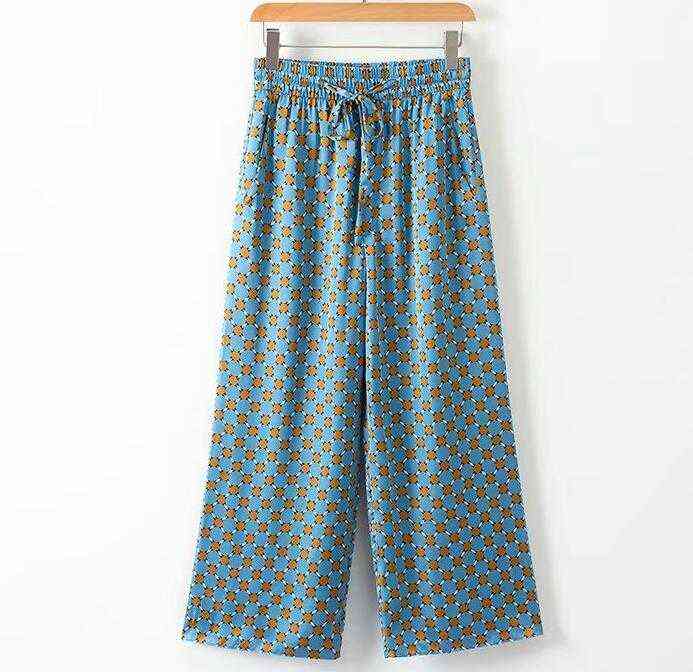 toppies Blue Printed Kimono Jacket with Feather Sleeves Wide Leg Loose Cuasal Trousers Women Vintage Clothing Suits 211117