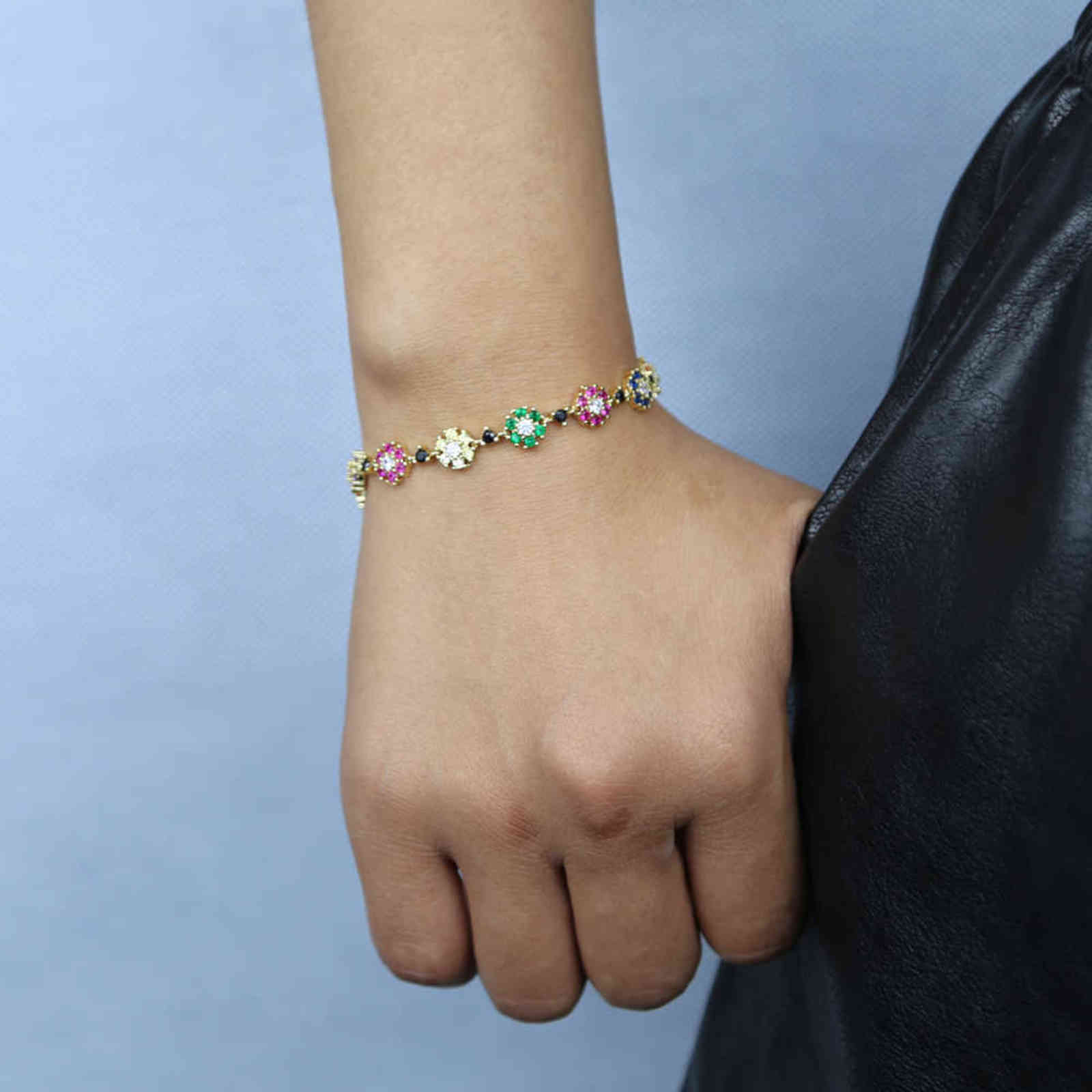 arrived fashion thin sparking cz colorful flower link chain bracelet women charming romantic gold color wedding jewelry 211124