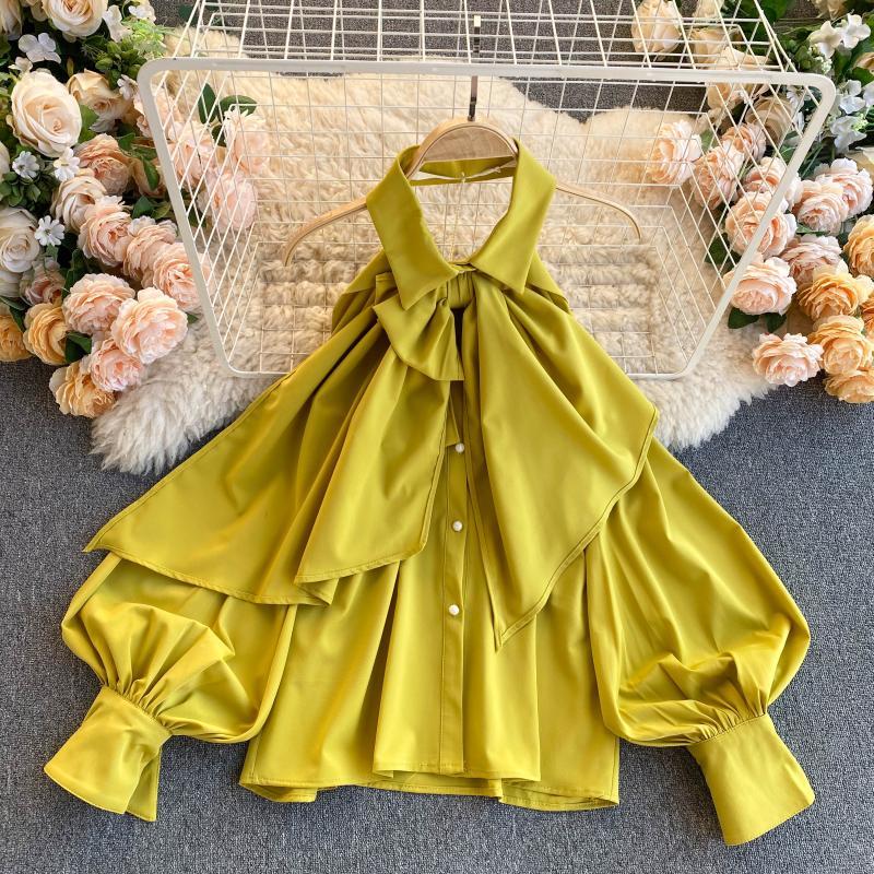 2021 Spring Autumn New Blouse Women Halter Scheming Halter Shirt Bowknot Lapel Puff Sleeve Female Top C031 210317