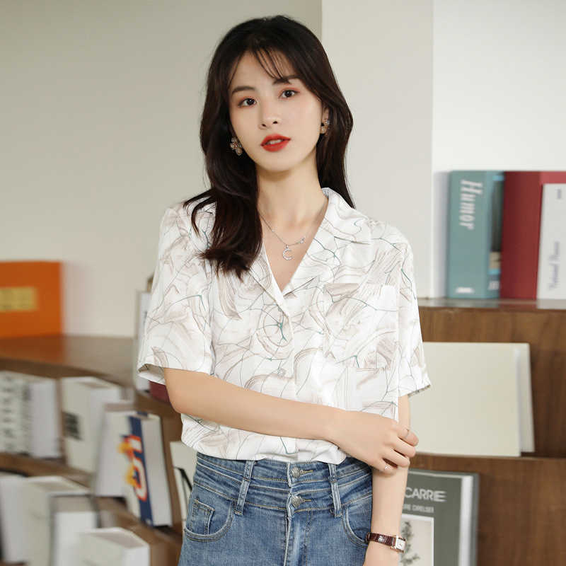 Lapel Chiffon Blouse Women Summer Fashion Shirt Female Short Sleeve Korean Style Loose Elegant Single-breasted Top Plus Siz 210601