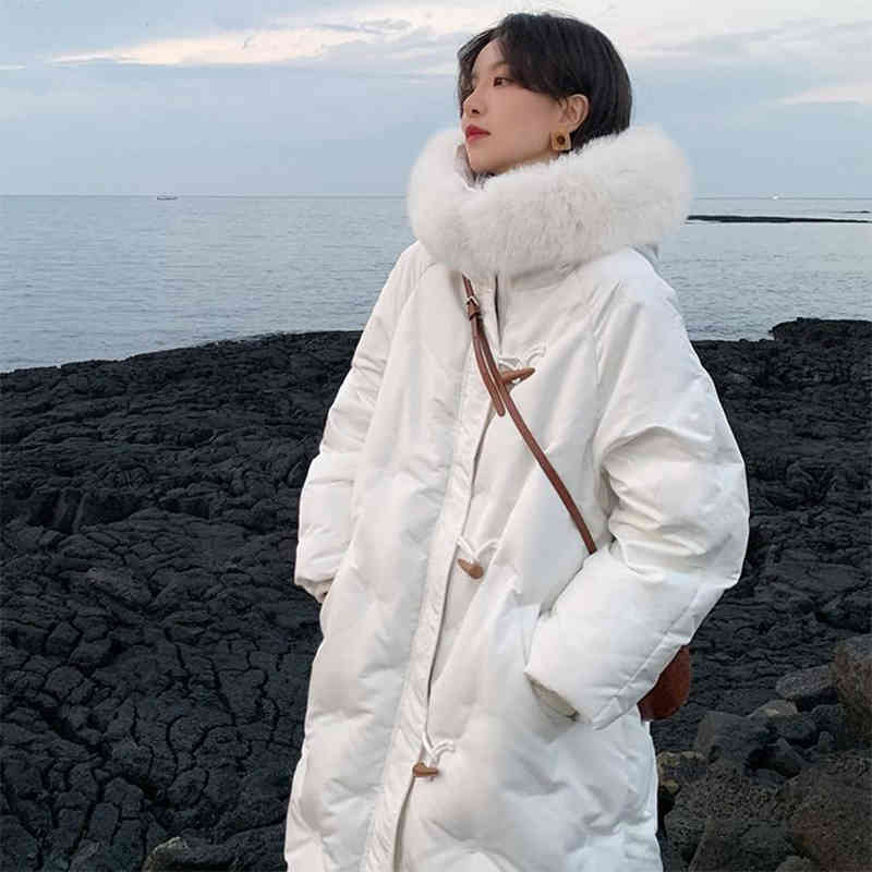 Wonder Winter Natural Fur Collar 90% White Duck Down Jackets Female Thick Warm Long Overcoat Outwear 210510