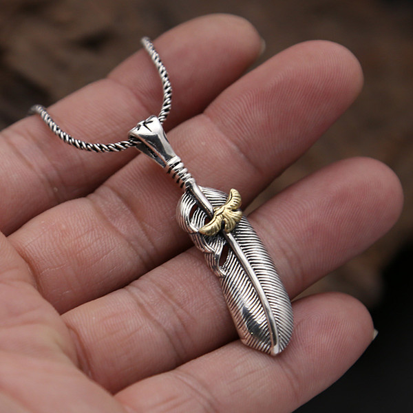 Handmade 925 sterling silver feather pendants with gold color eagle without chain American Indian antique designer luxury fine jewelry accessories gif