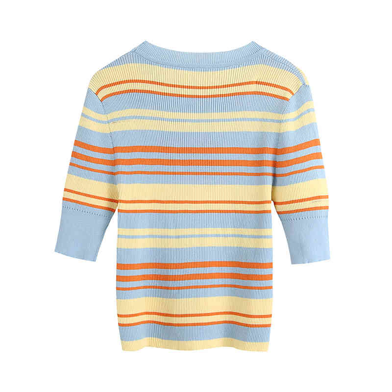 Fashion Multicolor Striped Knitted T Shirt Women Casual O Neck Bodycon Tops Ladies Short Sleeve Summer Tunic Tshirts 210515